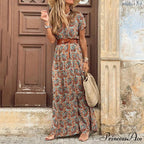 Autumn Female Short Sleeve Sexy High Split Maxi Boho Dress
