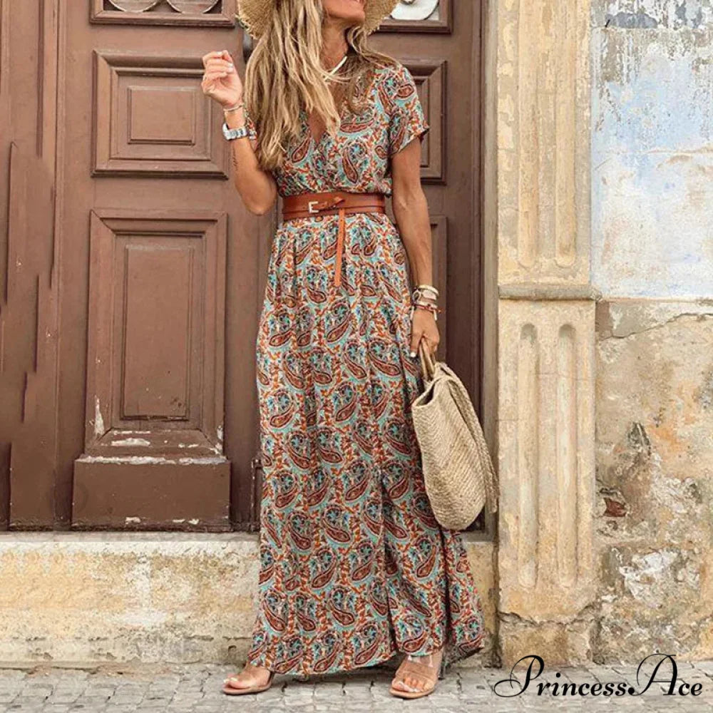 Autumn Female Short Sleeve Sexy High Split Maxi Boho Dress