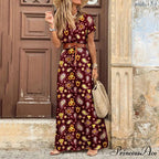 Autumn Female Short Sleeve Sexy High Split Maxi Boho Dress