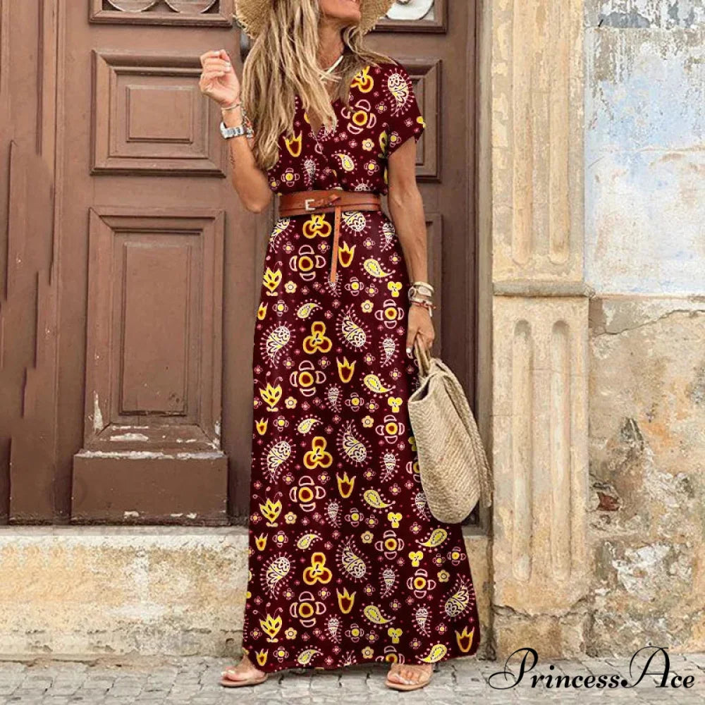 Autumn Female Short Sleeve Sexy High Split Maxi Boho Dress