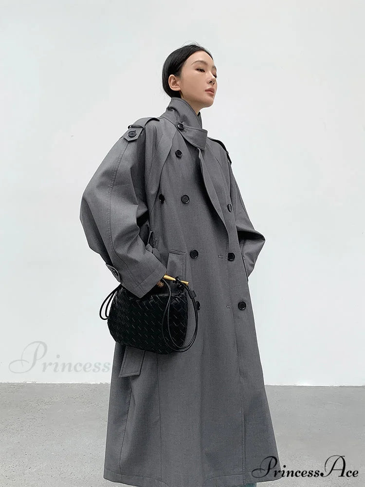 Autumn Long Grey Black Double Breasted Loose Casual Korean Fashion 2024 Stylish Coat
