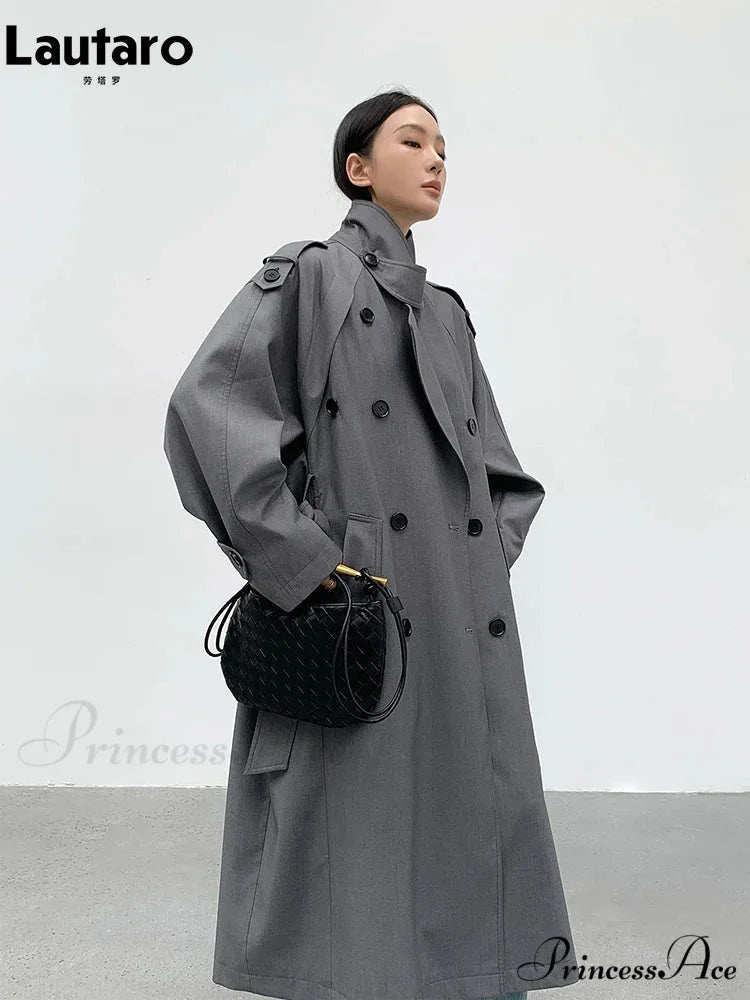 Autumn Long Grey Black Double Breasted Loose Casual Korean Fashion 2024 Stylish Coat