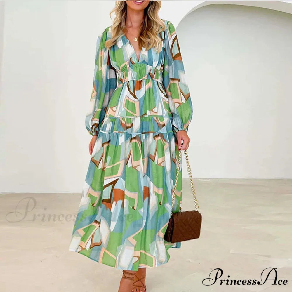 Autumn Long Sleeved Pleated Maxi Dress Boho Dress
