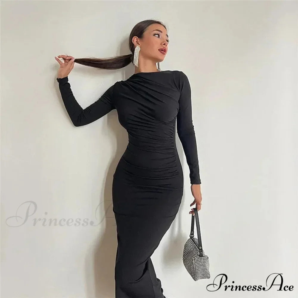 Autumn Ruched Long Slinky Sexy Birthday Robes Midi Dress