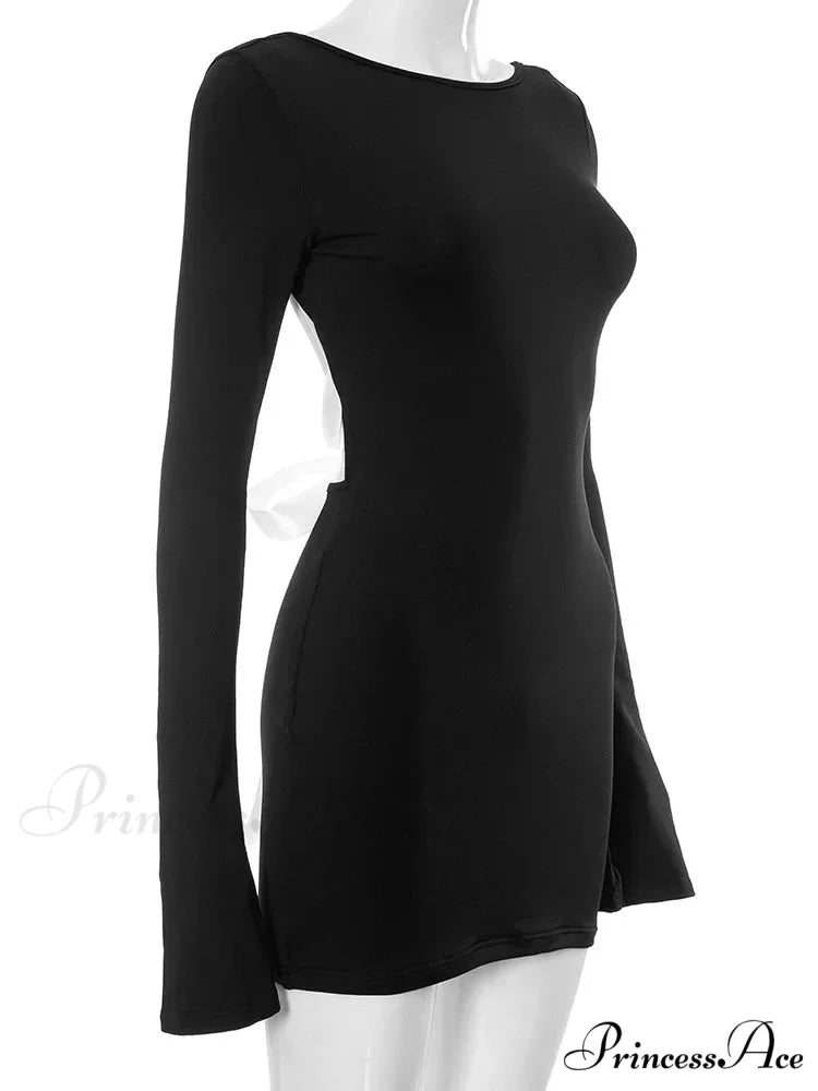 Autumn Slim Fit Backless Black Long Mini Dress