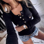 Autumn Spring Buttoned Long Sleeve Fitted Knitted Top