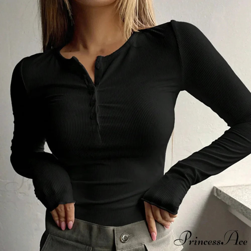 Autumn Spring Buttoned Long Sleeve Fitted Knitted Top