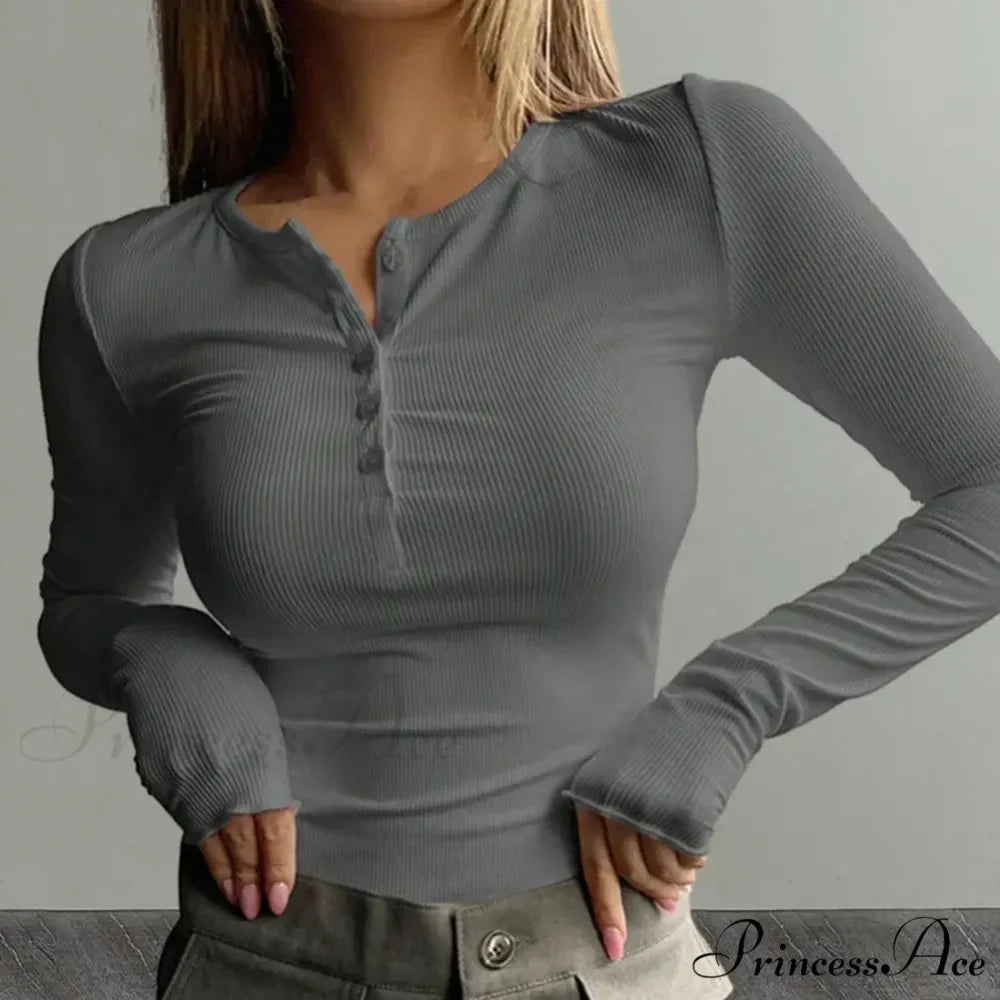 Autumn Spring Buttoned Long Sleeve Fitted Knitted Top