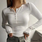 Autumn Spring Buttoned Long Sleeve Fitted Knitted Top