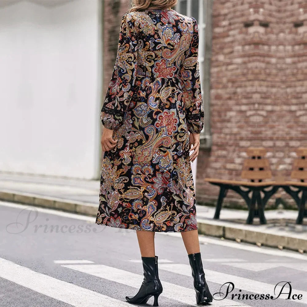 Autumn Sweet Fresh Bohemian Long Sleeve Floral Boho Dress