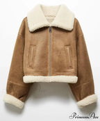 Autumn Vintage Faux Leather Cropped Warm Lapel Fleece Long Sleeve Stylish Coat