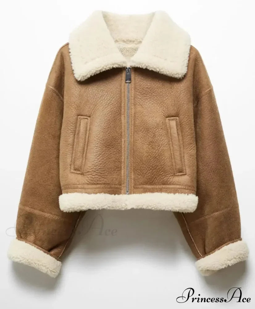 Autumn Vintage Faux Leather Cropped Warm Lapel Fleece Long Sleeve Stylish Coat