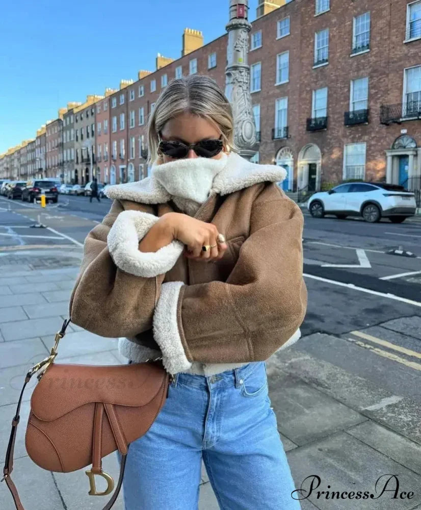 Autumn Vintage Faux Leather Cropped Warm Lapel Fleece Long Sleeve Stylish Coat