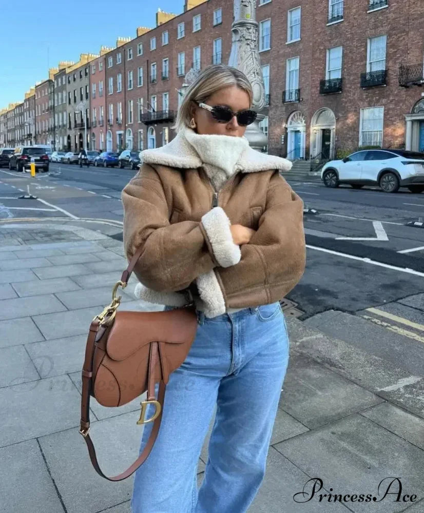 Autumn Vintage Faux Leather Cropped Warm Lapel Fleece Long Sleeve Stylish Coat