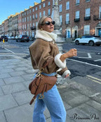 Autumn Vintage Faux Leather Cropped Warm Lapel Fleece Long Sleeve Stylish Coat