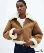 Autumn Vintage Faux Leather Cropped Warm Lapel Fleece Long Sleeve Stylish Coat