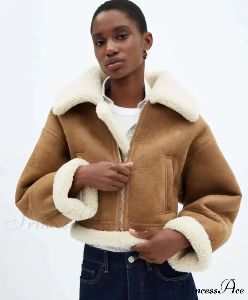 Autumn Vintage Faux Leather Cropped Warm Lapel Fleece Long Sleeve Stylish Coat