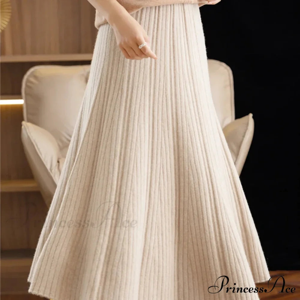 Autumn Winter A-Line Elastic High Waist Knitted Pleated Over Knee Skirt