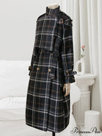 Autumn Winter Long Loose Warm Plaid Wool Blends Sleeve Belt Double Breasted Woolen Stylish Coat
