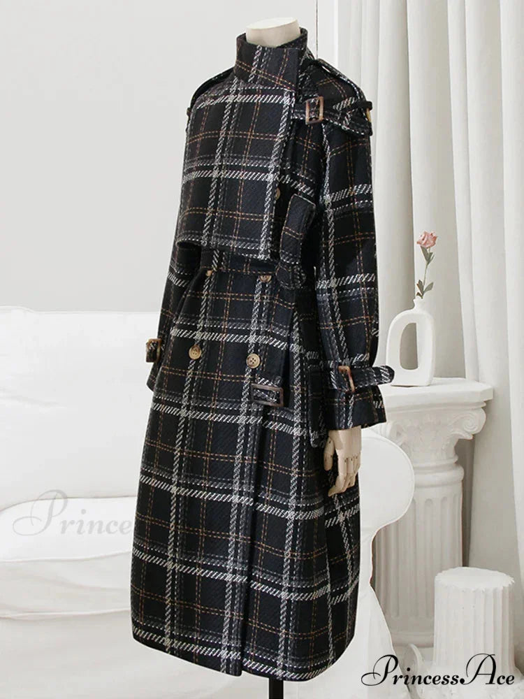 Autumn Winter Long Loose Warm Plaid Wool Blends Sleeve Belt Double Breasted Woolen Stylish Coat