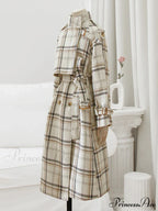 Autumn Winter Long Loose Warm Plaid Wool Blends Sleeve Belt Double Breasted Woolen Stylish Coat