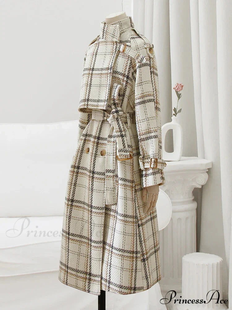 Autumn Winter Long Loose Warm Plaid Wool Blends Sleeve Belt Double Breasted Woolen Stylish Coat