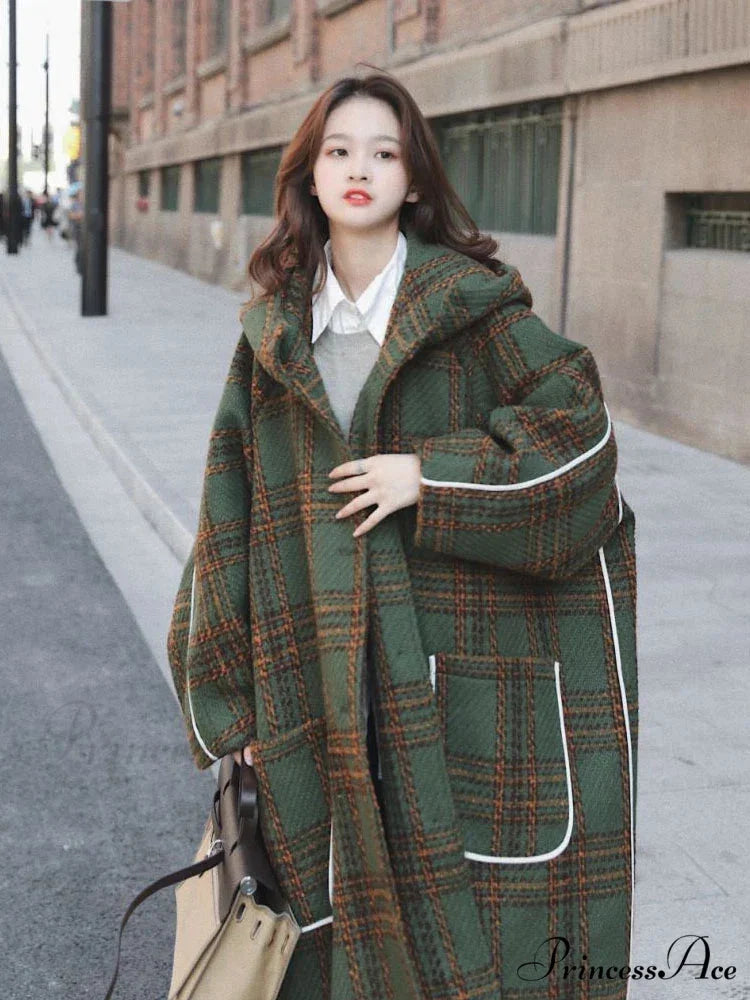 Autumn Winter Long Oversized Warm White Patchwork Wool Blends Hood Runway Korean Fashion Stylish Coat
