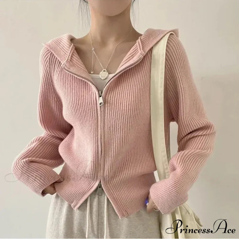 Autumn Winter Long Sleeve Short Loose Solid Knitted Zipper Cardigan