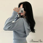 Autumn Winter Long Sleeve Short Loose Solid Knitted Zipper Cardigan