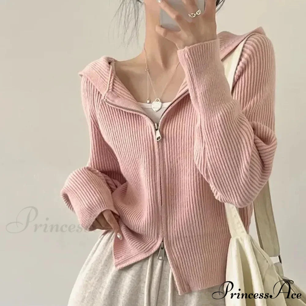 Autumn Winter Long Sleeve Short Loose Solid Knitted Zipper Cardigan