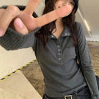 Autumn Winter Ribbed Button Up Knitted Pullover Knitted Top