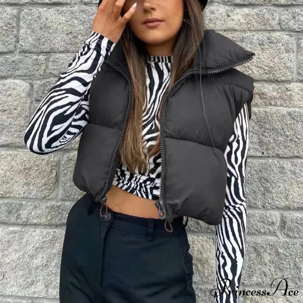 Autumn Winter Short Cotton Down Vest Stand-up Collar Warm Quilted Outdoor Travel Jacket Coat