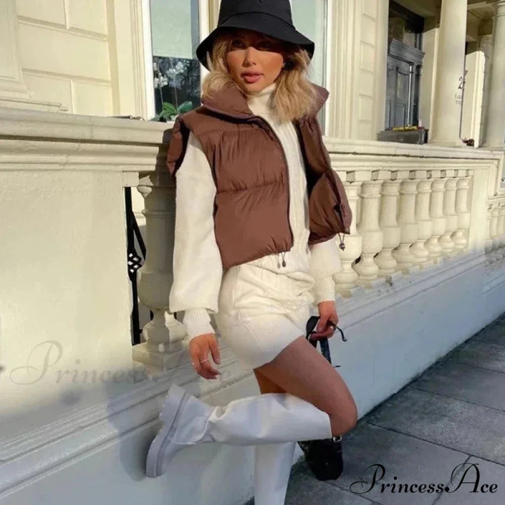 Autumn Winter Short Cotton Down Vest Stand-up Collar Warm Quilted Outdoor Travel Jacket Coat