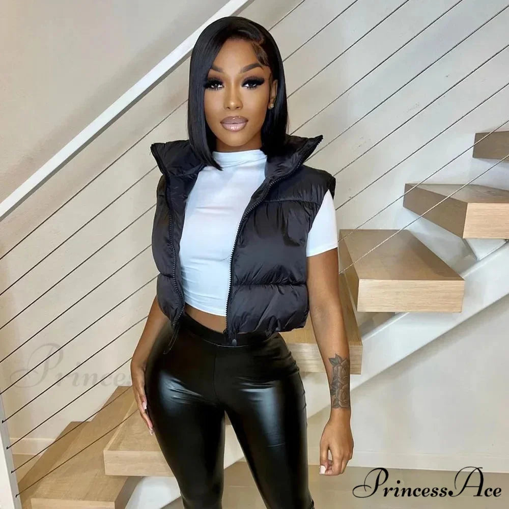 Autumn Winter Short Cotton Down Vest Stand-up Collar Warm Quilted Outdoor Travel Jacket Coat