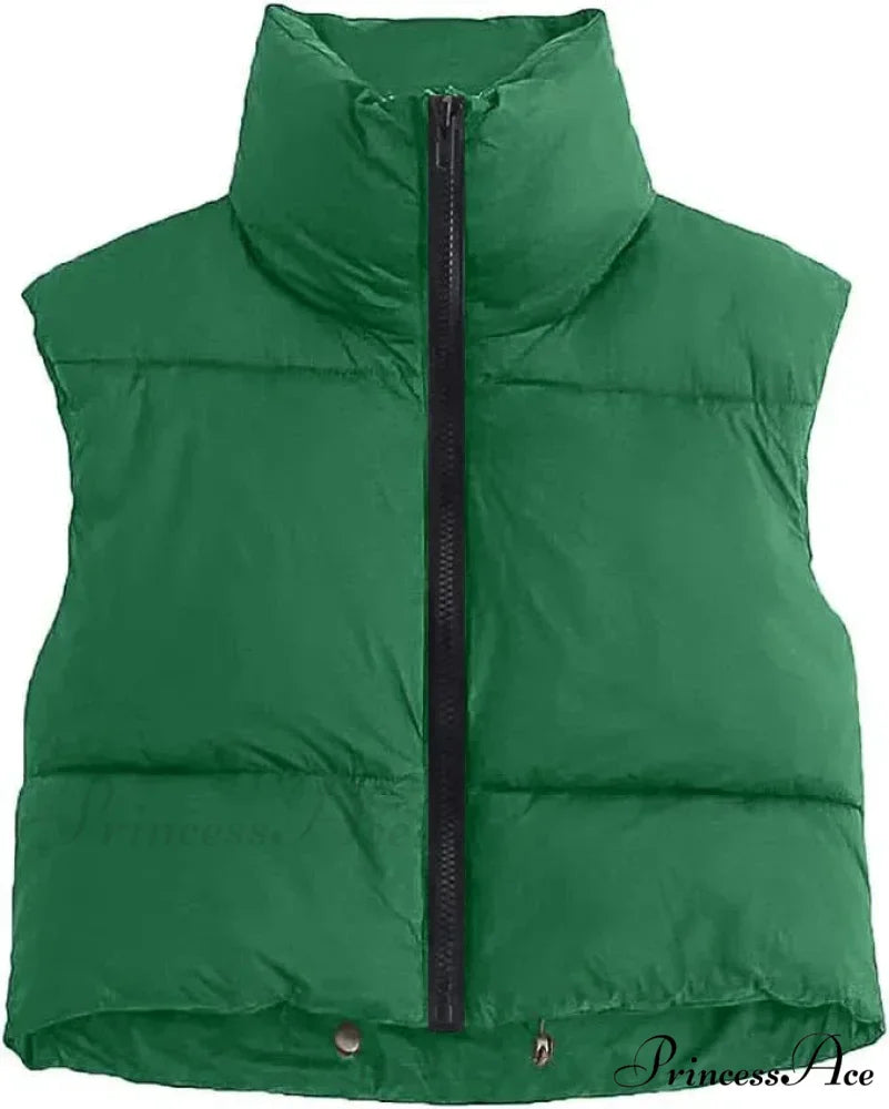 Autumn Winter Short Cotton Down Vest Stand-up Collar Warm Quilted Outdoor Travel Jacket Coat