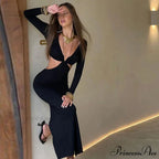 Autumnal Long-sleeved Halter-necked Black Split Skinny Sensual Maxi Dress