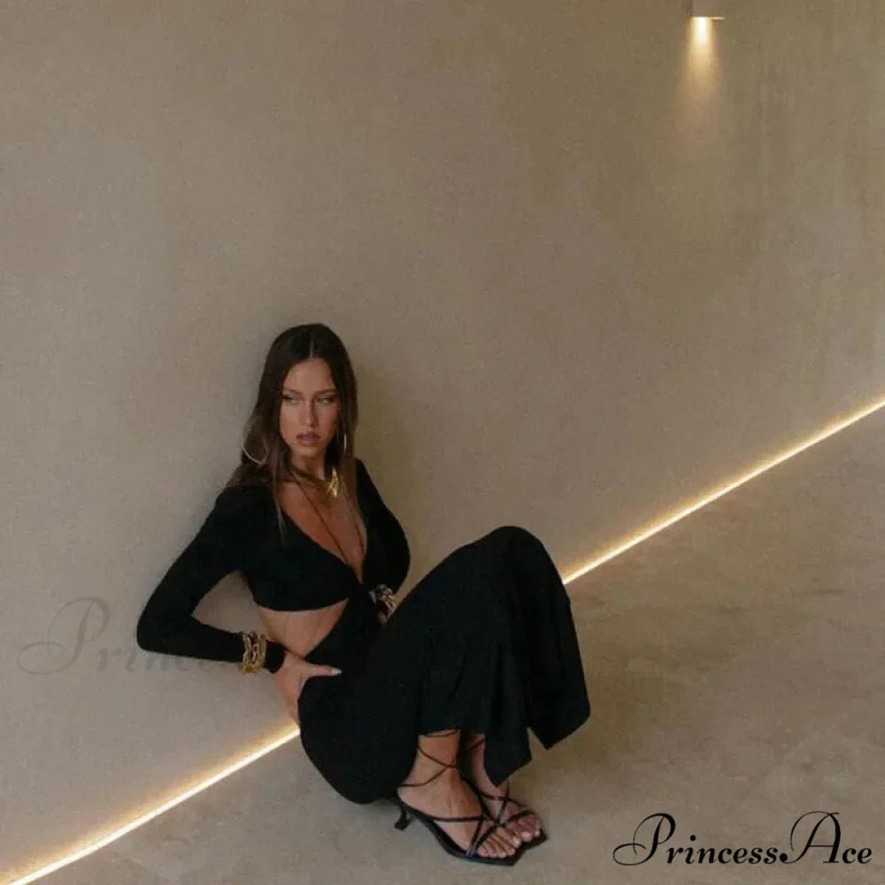 Autumnal Long-sleeved Halter-necked Black Split Skinny Sensual Maxi Dress