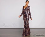 Ayla Formal Long Charming Sleeve Sequin Scroll Dress