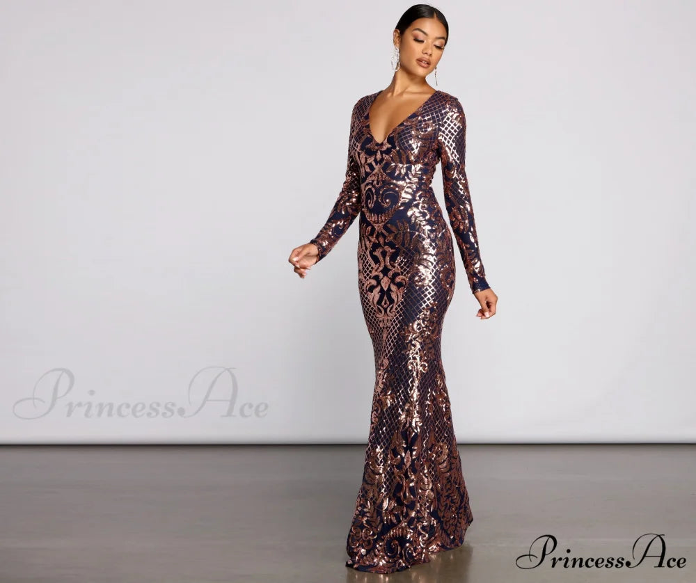 Ayla Formal Long Charming Sleeve Sequin Scroll Dress