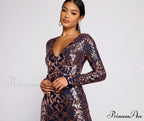 Ayla Formal Long Charming Sleeve Sequin Scroll Dress