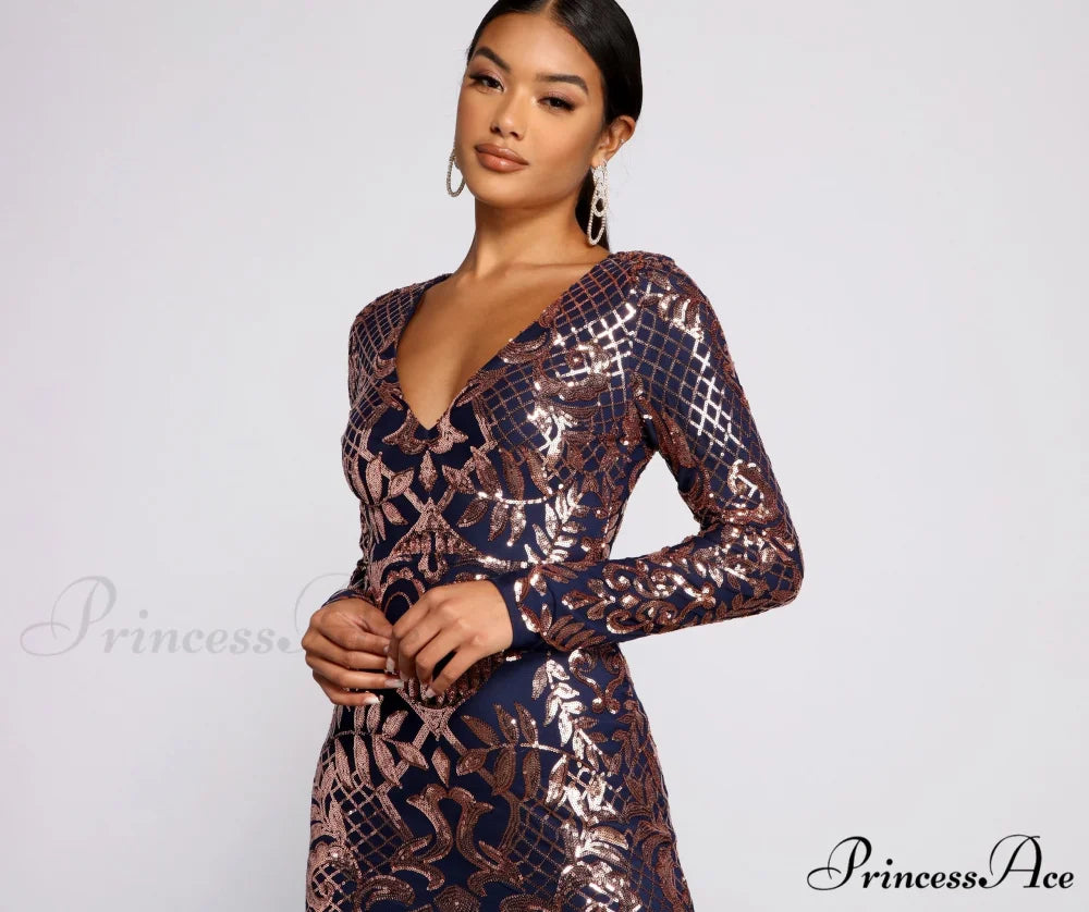 Ayla Formal Long Charming Sleeve Sequin Scroll Dress