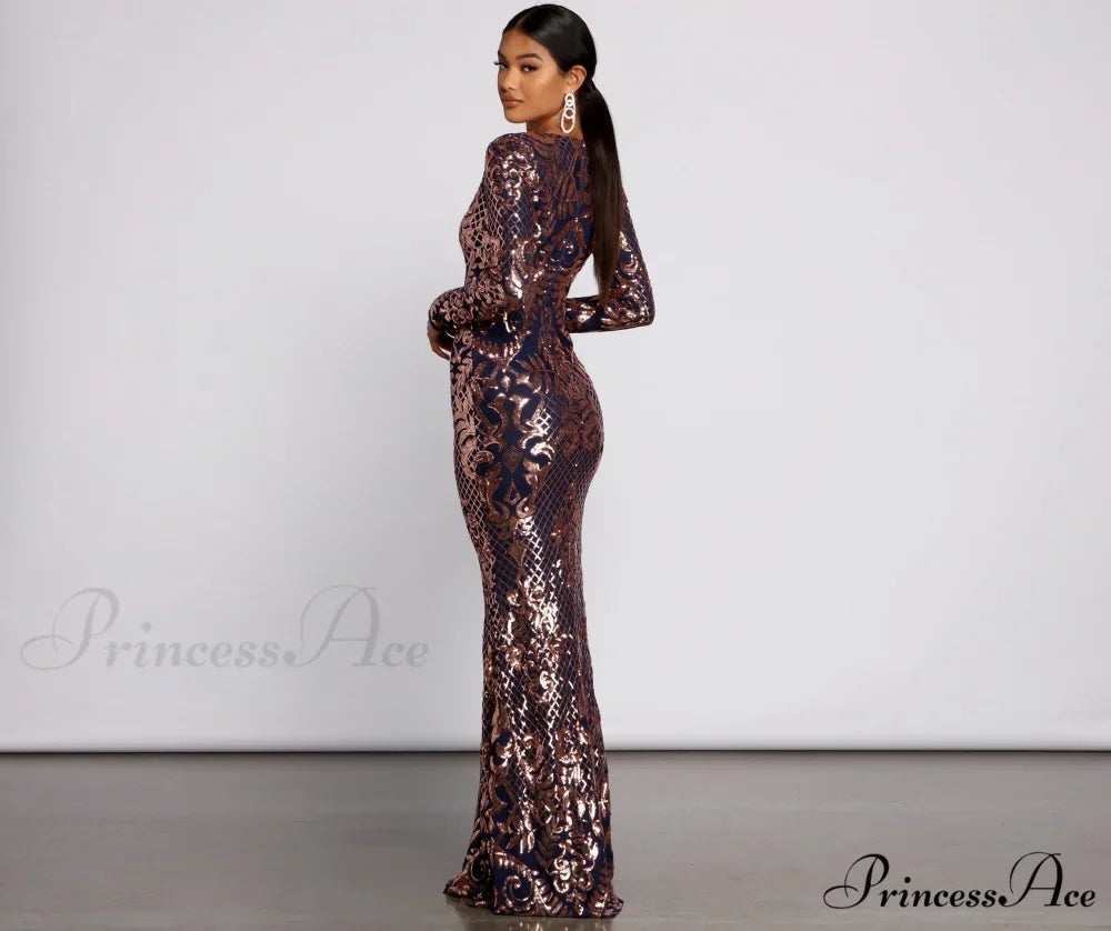 Ayla Formal Long Charming Sleeve Sequin Scroll Dress