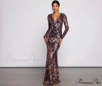 Ayla Formal Long Charming Sleeve Sequin Scroll Dress