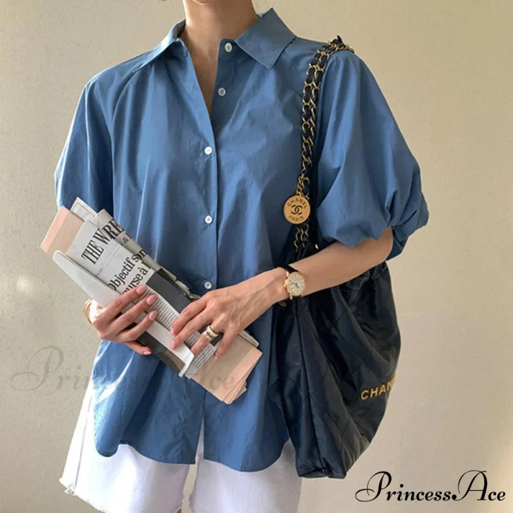 Azure Billowy Sleeve Relaxed Summer Blouse