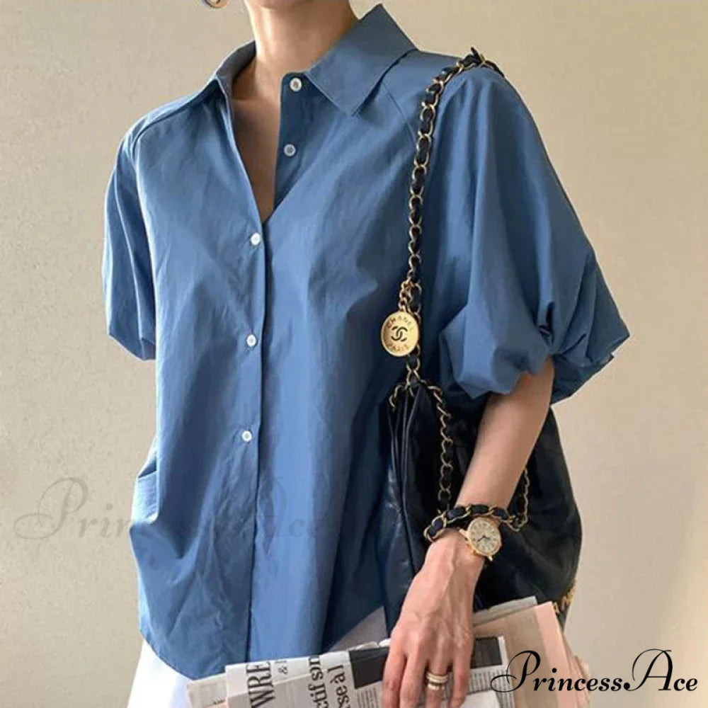 Azure Billowy Sleeve Relaxed Summer Blouse
