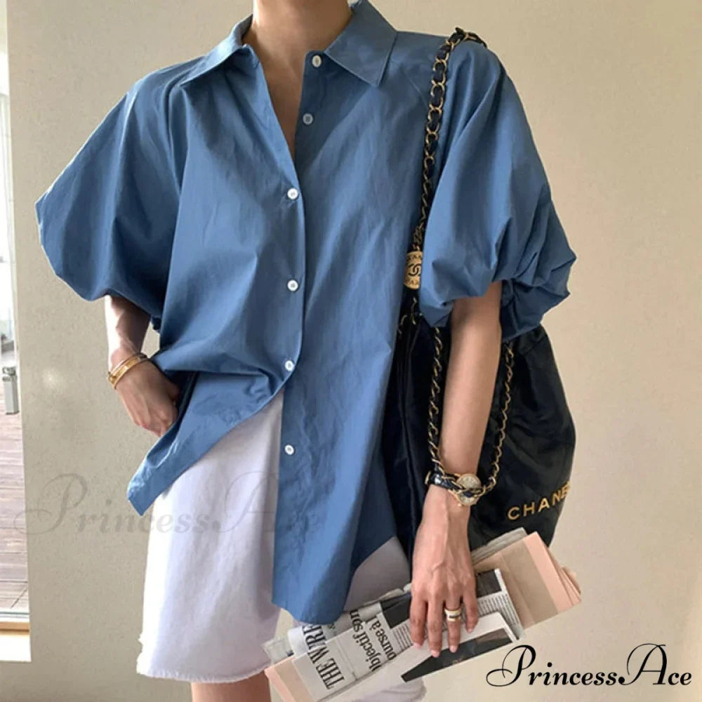Azure Billowy Sleeve Relaxed Summer Blouse