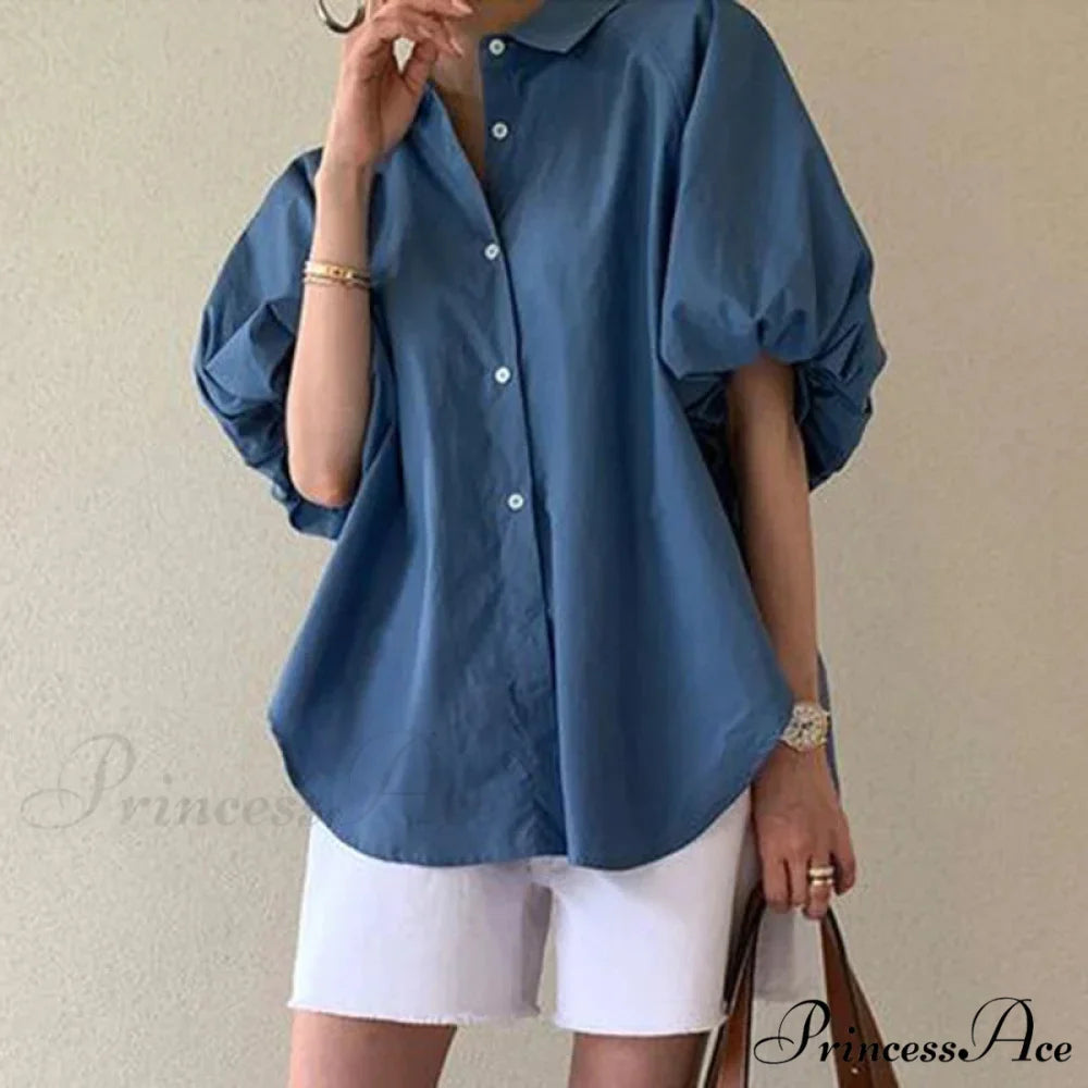 Azure Billowy Sleeve Relaxed Summer Blouse