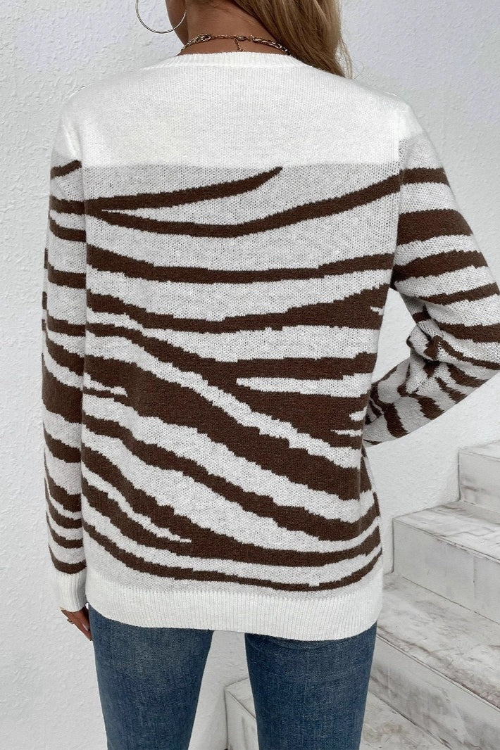 Zebra Colorblock Button Shoulder Sweater