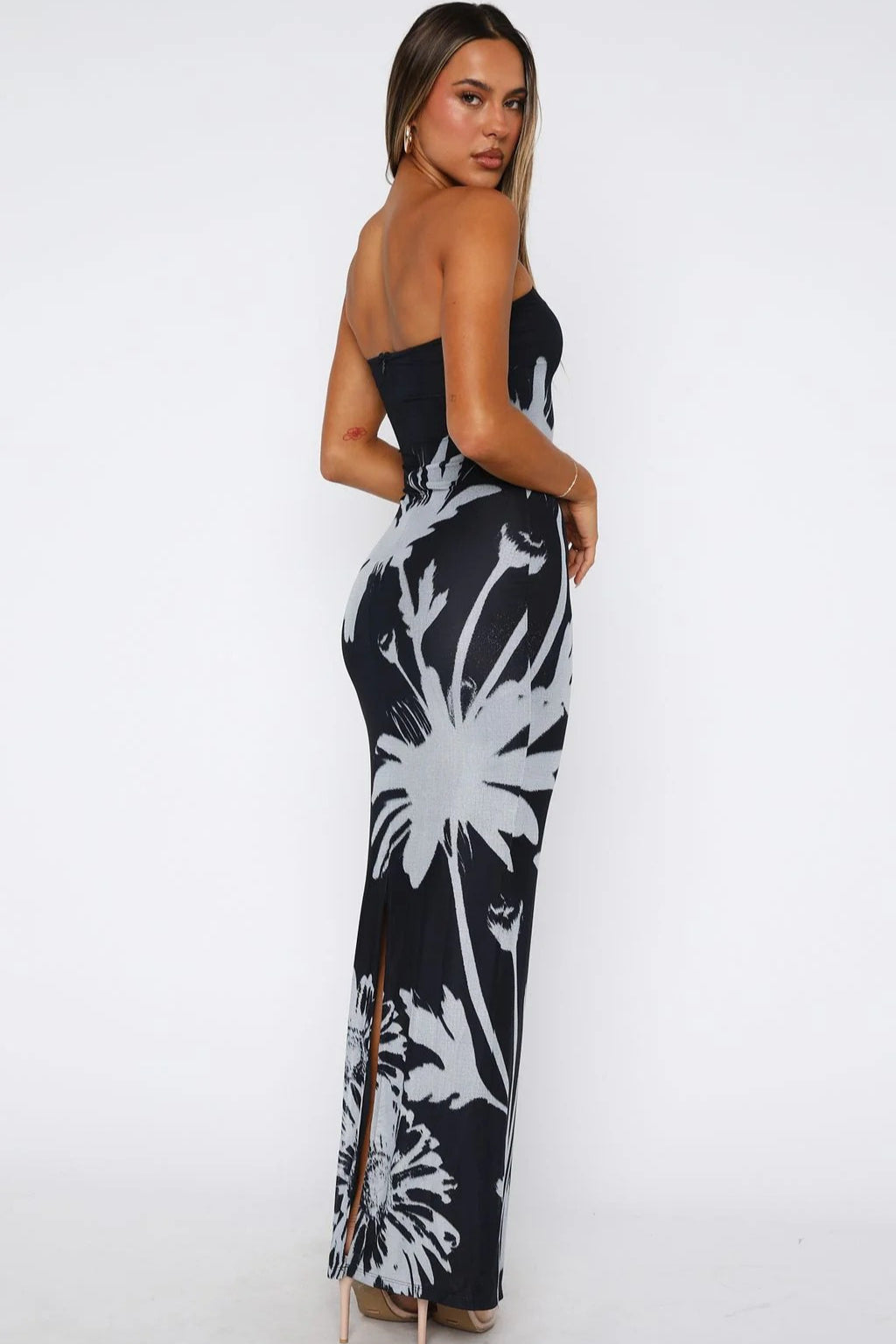 Sexy Strapless Floral Print Bodycon Maxi Dress