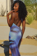 Sexy Halter Floral Mesh Backless Bodycon Maxi Dress